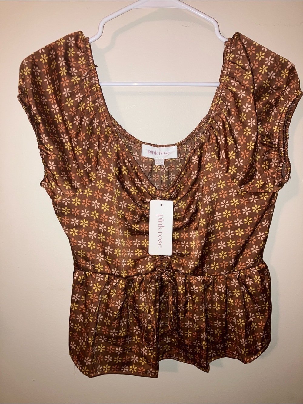 Pink Rose Brown Floral Drawstring Peplum Top